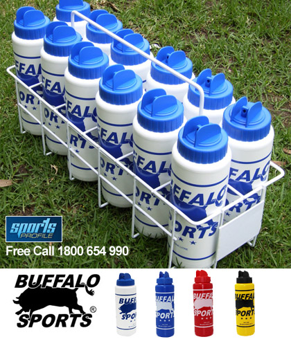1 Litre Bottles in White, Red, Blue, Yellow. Hygenic sports drink bottles to help prevent the spread of germs. All bottles are Non Toxic material. For Buffalo Sports product service in NSW call Sports Profile FreeCall 1800 654 990