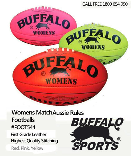 Womens Training Footballs #FOOT012  Leather Club Buffalo Brand For Clubs and Schools. Available in Red, Pink, Yellow. Highest grade stitching. Since 1972 Buffalo has constantly been perfecting our ball shape. It is now recognised as the most consistent ball shape available. The superior stitching and perfectly rounded ends ensure our Buffalo Balls are suitable for all professional leagues. Our ends are stitched virtually perfect. Club and School enquiries Call Free 1800 654 990